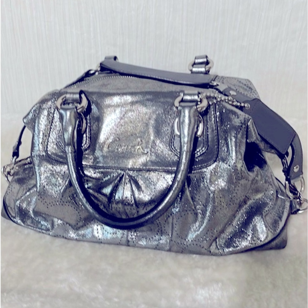 Coach Ashley Perforated Metallic Silver Leather Satchel Handbag
